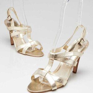 Manolo Blahnik Gold Leather Strappy Silk Sahara 105 Sandals Size 11.5/42